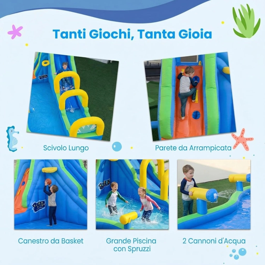 Castello Gonfiabile Per Bambini, Con Scivolo, Piscina e Muro Arrampicante, Per 4 Bambini 4-12anni, Con Borsa di Trasporto e Kit di Riparazione, Regalo Perfetto per Bambini (Senza soffiatore)