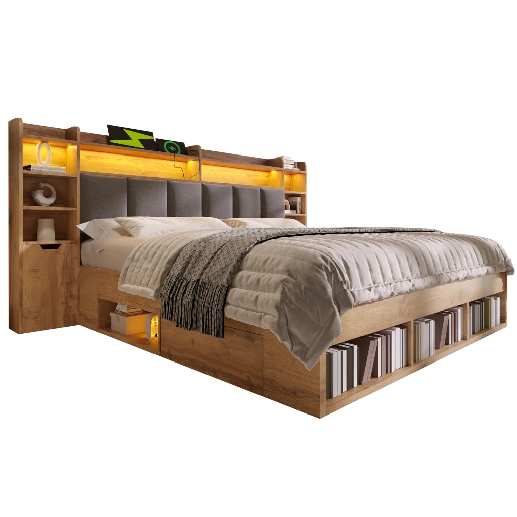 Letto 160x200 cm con LED e prese USB; contenitore e comodini mobili in legno colore quercia