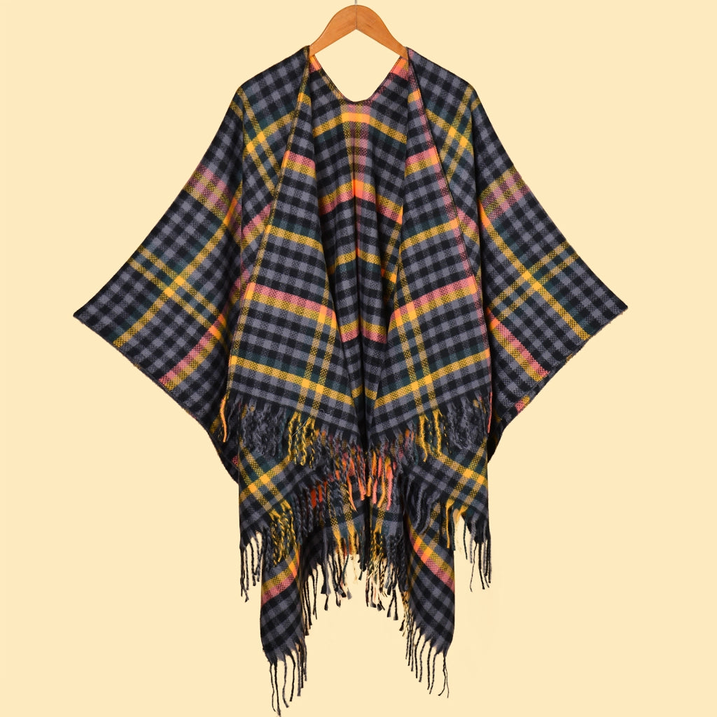 Sciarpe e scialli da donna, in stile europeo e americano, con nappe colorate, a quadri e con spacchi.