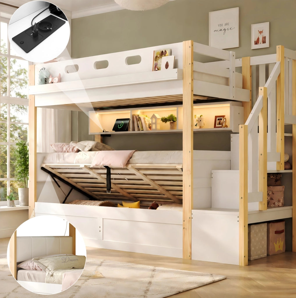 Letto a castello con contenitore idraulico, scala contenitiva e LED