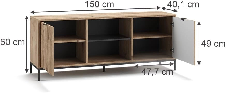 Tavolo basso Eliza, Quercia vichinga, 150 x 60 cm con 2 porte, adatto come mobile TV per dispositivi fino a 65 pollici