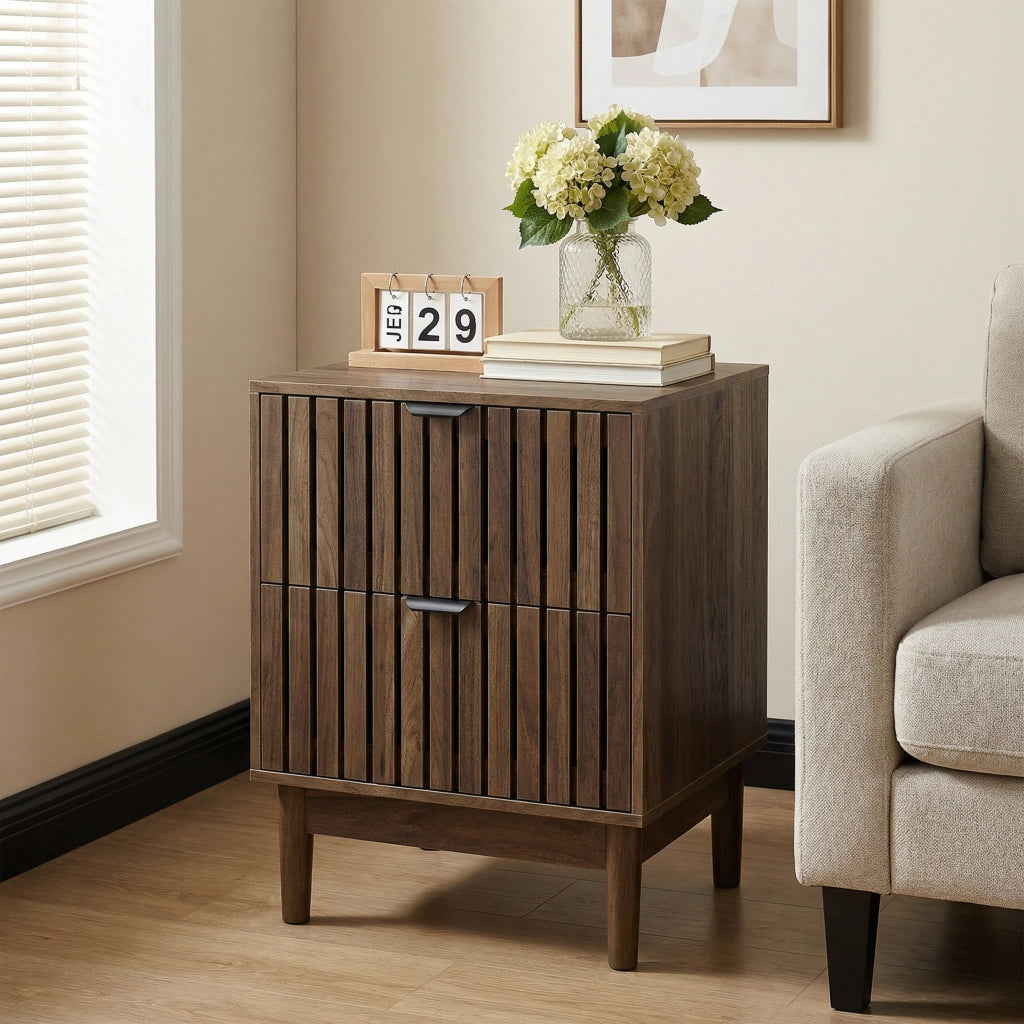 Comodino Mid-Century Modern ¨C MINIMAL ¨C Legno con 2 Cassetti, 45x39x56,5 cm