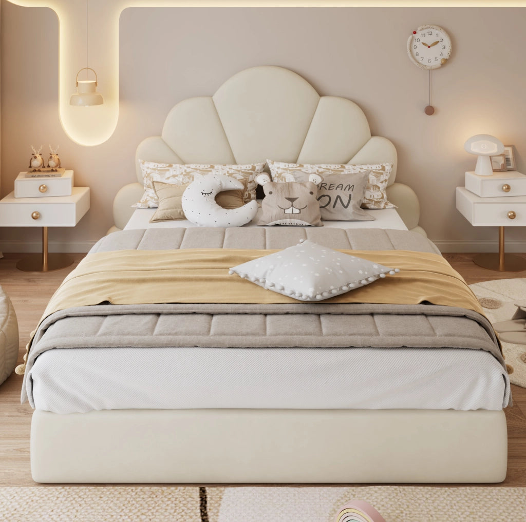 Letto imbottito 140x200 cm con testiera floreale in velluto beige