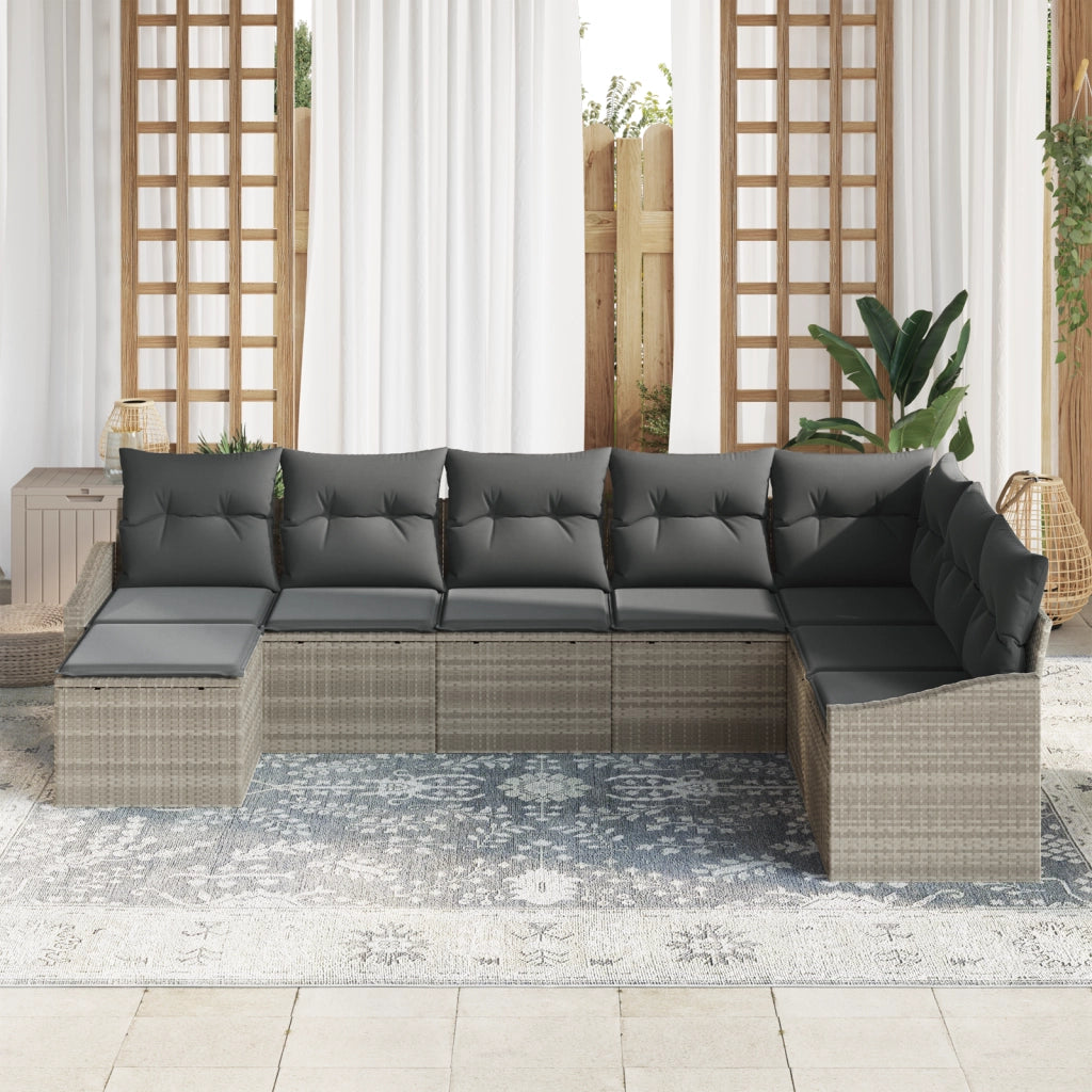 Set da Giardino da 8 Pezzi con Cuscini Grigio Chiaro in Polyrattan