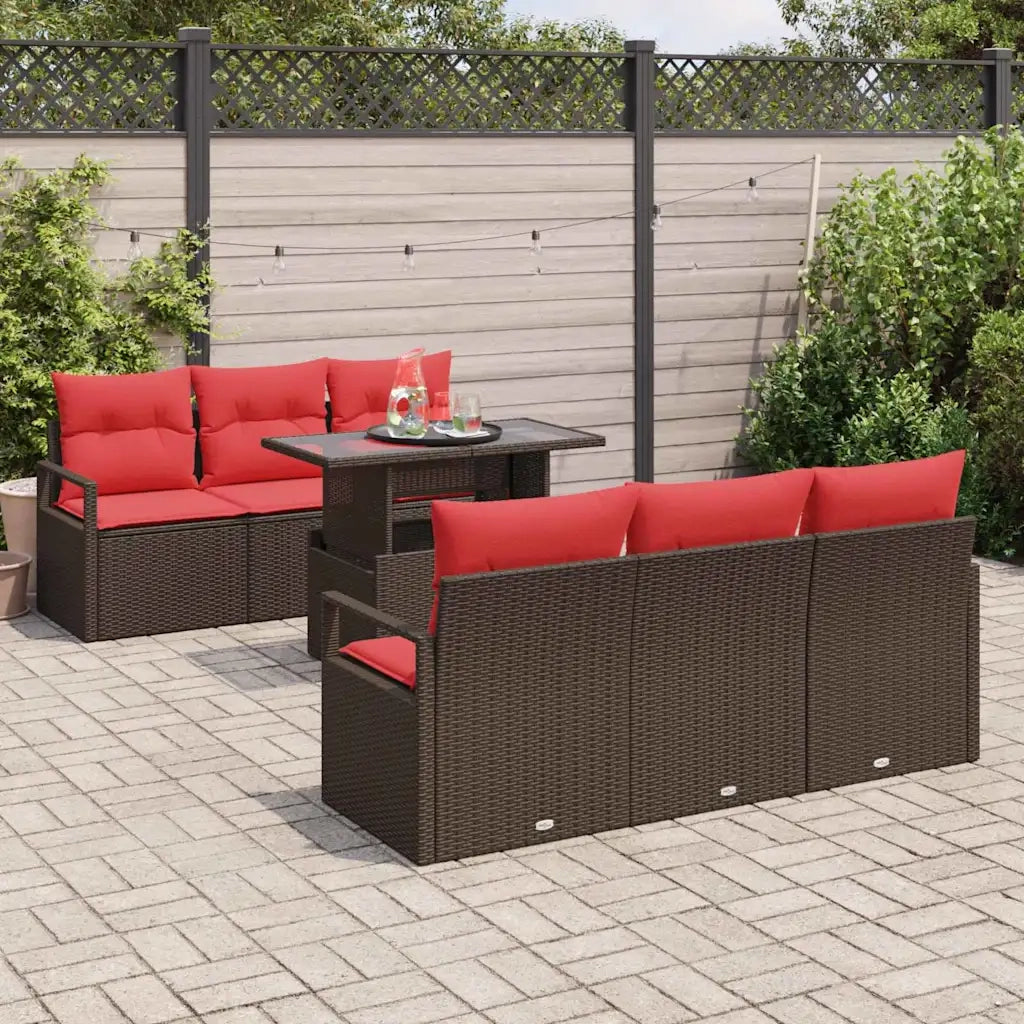 Set Divano da Giardino 7 pcs Marrone e Rosso polyrattan