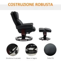 Poltrona Relax e Pouf Poggiapiedi, Reclinabile a 145° con Seduta Girevole in Finta Pelle, Nero