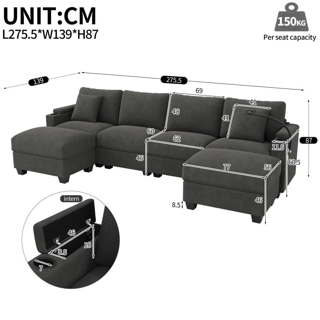DIVANO MODULARE ANGOLARE 275,5x139x87 cm in velluto a coste grigio