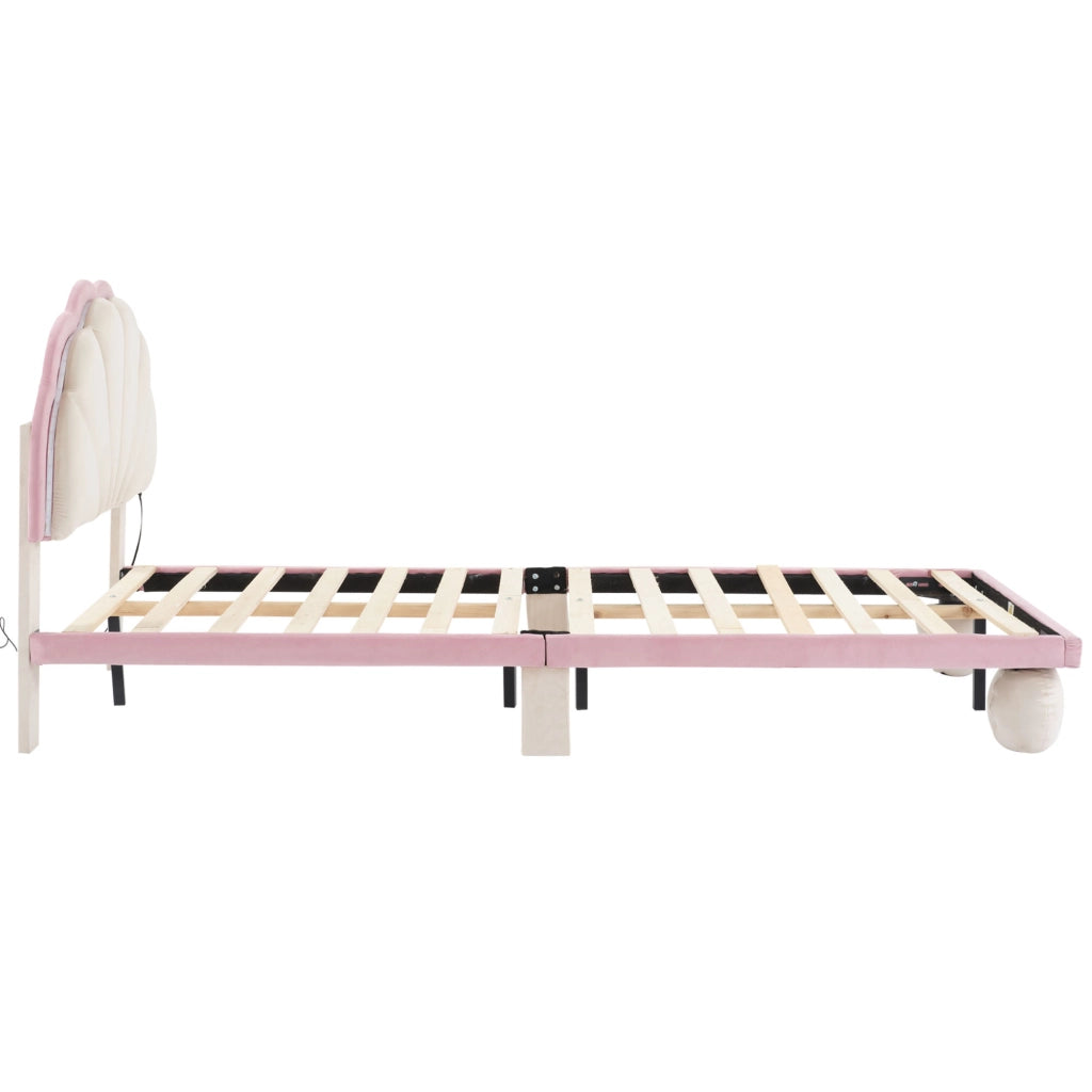 Letto per Bambini 90x200 cm; Letto Singolo - LED Multicolore con Effetti Cangianti - in Velluto - Beige e Rosa