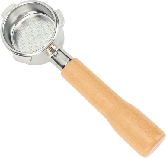 Portafiltro senza fondo 54mm compatibile con serie 8 - Acciaio inossidabile - Filtro caffè - Manico di legno massello - Legno di betulla - 3 fori