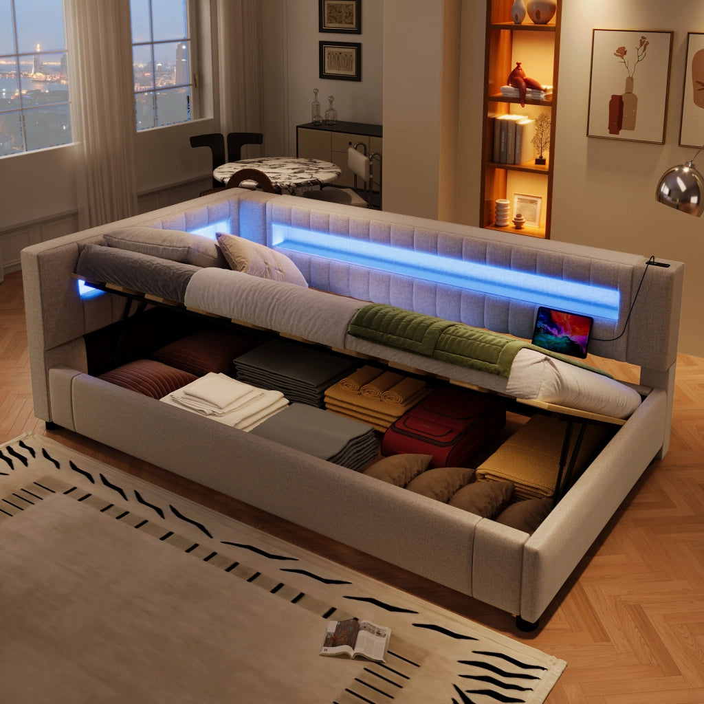 OKWISH Letto Divano 90×200 cm, Letto Singolo con Contenitore Idraulico, LED Regolabile e USB e Tipo C, senza Materasso, in Lino, Beige