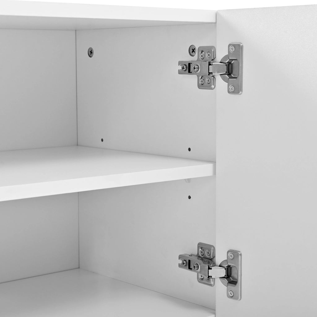 Mobile porta TV bianco con tre ante, cassetti e dettagli dorati, elegante e funzionale