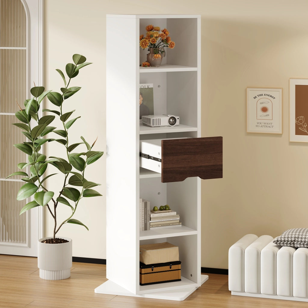 Armadio espositivo girevole con specchio a figura intera 45 x 45 x 168 cm, bianco, in MDF, con 4 vani aperti e 1 cassetto