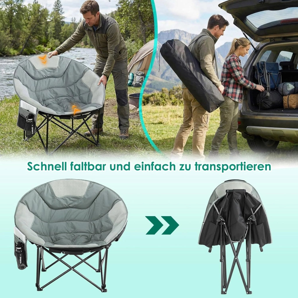 Sedia Pieghevole da Campeggio 150KG, Sedia da Campo Portatile, Moonchair XXL, con rete traspirante, Tasca Laterale, borsa per il trasporto, per Giardino, Spiaggia, Trekking, Pesca, Grigio