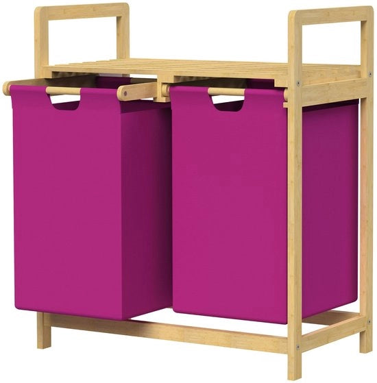 Wastino per bagno con 2 cassetti in bambù, magenta, contenitore per la raccolta della spazzatura con 2 tasche di staccio e 2 uffici di staccio 60 L, cassettiera per la spazzatura con pannelli, separatore della spazzatura per bagno con pannelli