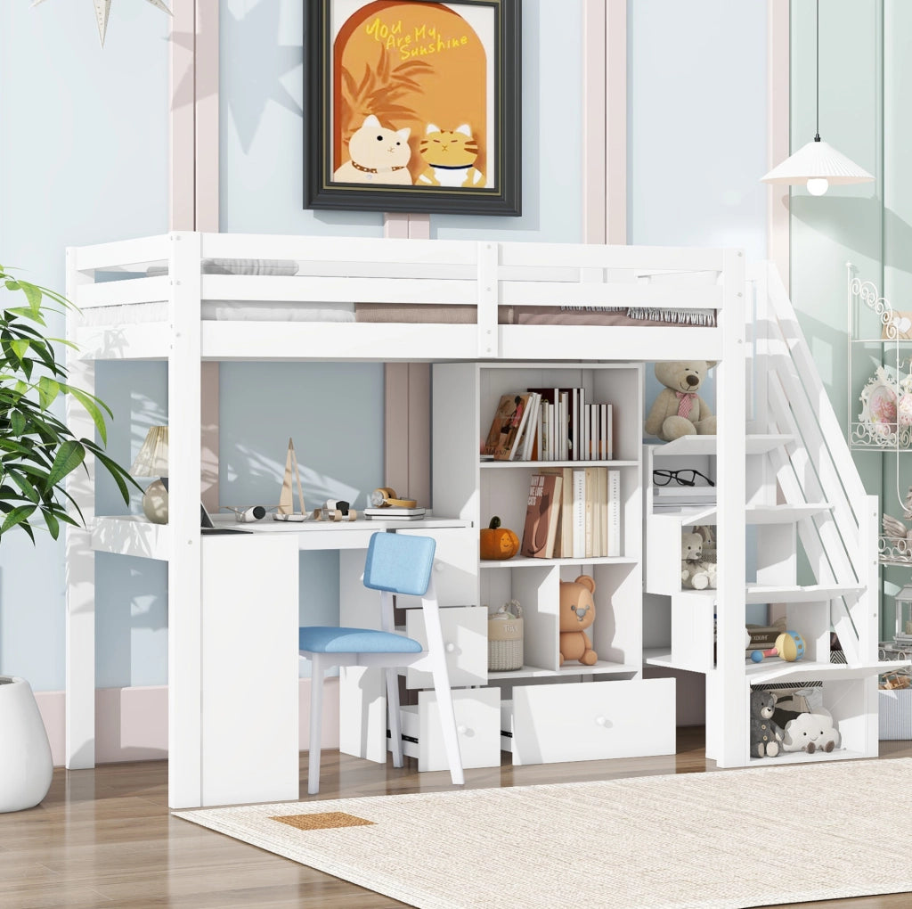 Letto a soppalco per bambini 90x200 cm con scrivania; cassetti e scala contenitore; bianco