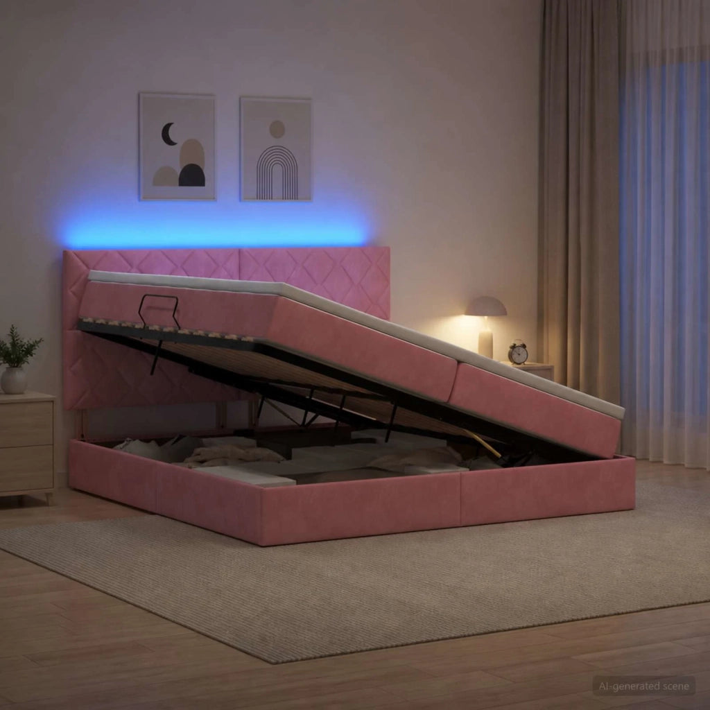 Letto con contenitore LED e materasso Rosa 200 x 200 cm Velluto 3460217