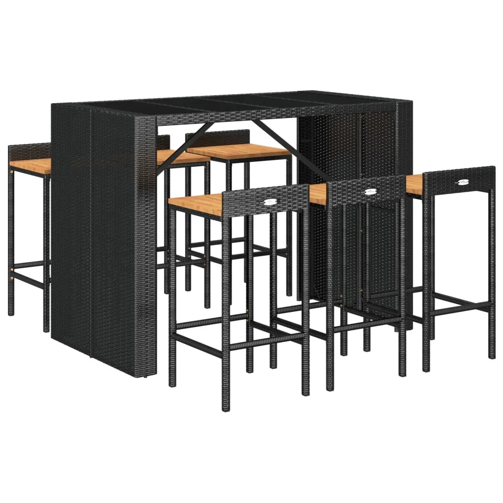 Set Bar Giardino 7 pz Nero Polyrattan e Legno Massello Acaciacod mxl 101246