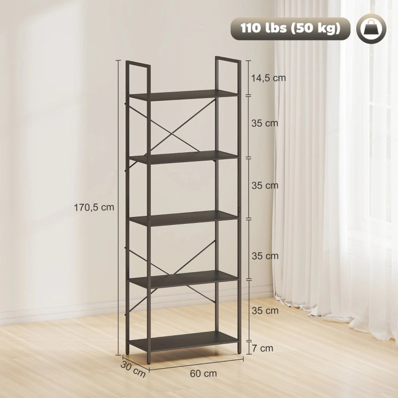 Libreria a 5 ripiani in metallo nero, scaffale industriale aperto 60 x 30 x 170,5 cm