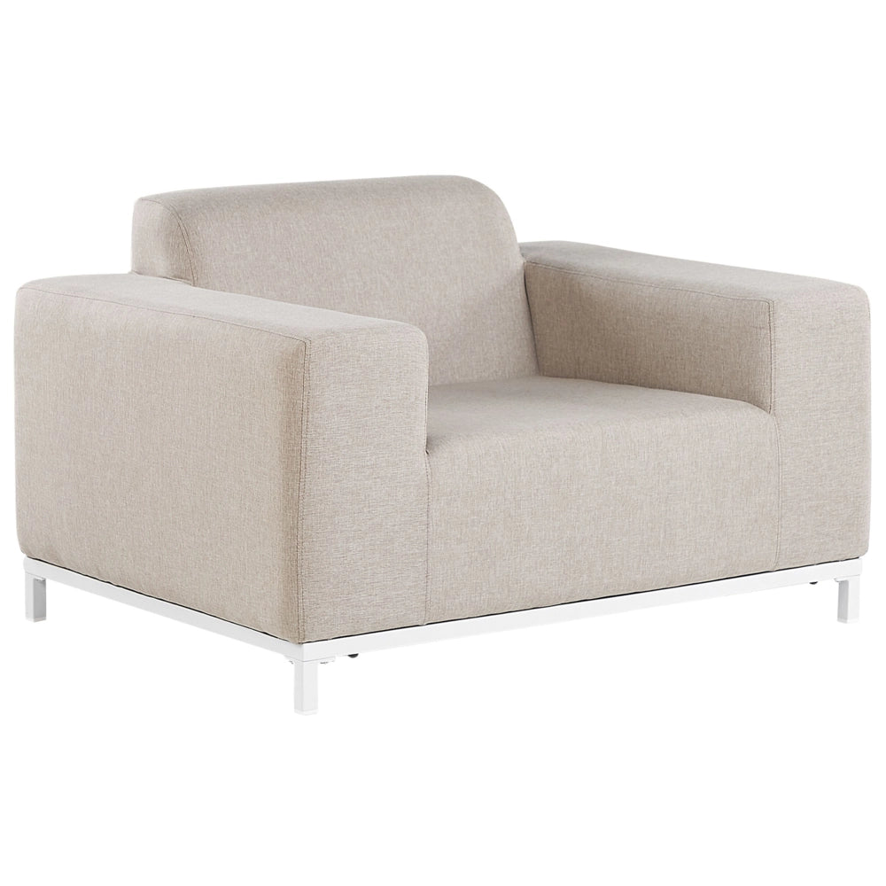 Set di 2 poltrone da giardino tessuto beige gambe alluminio bianco tappezzeria interni ed esterni mobili resistenti agli agenti atmosferici