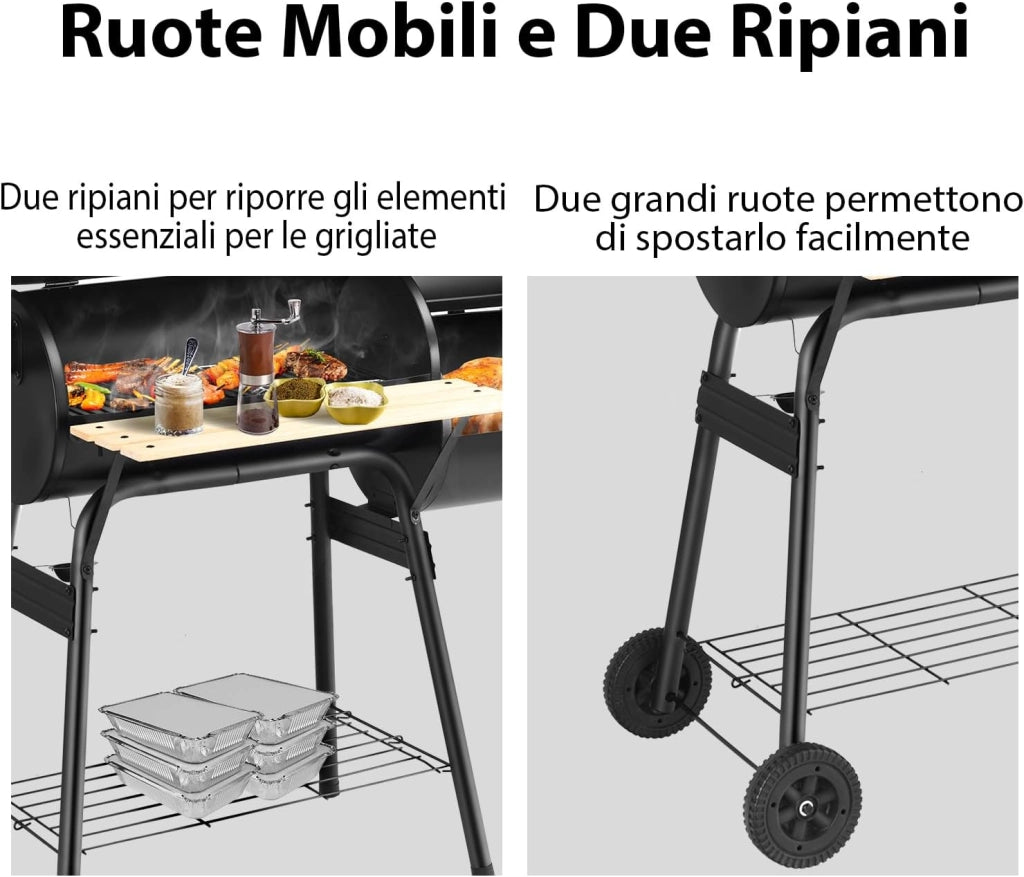 Barbecue a Carbonella in Metallo con Ruote e 2 Fornelli, Carrello per barbecue a carbonella per Esterno con Termometro, Affumicare e Grigliare 2 in 1, 115 x 65 x 108 cm