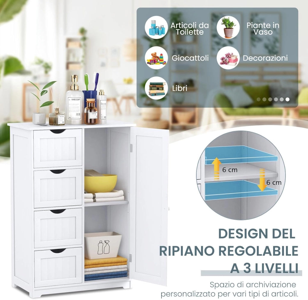 Mobile Bagno 56 x 30,5 x 81 cm, Mobiletto Bagno Salvaspazio con 4 Cassetti e Mensola Regolabile, Armadietto Multiuso per Ingresso, Salone, Camera da Letto e Cucina (Bianco)