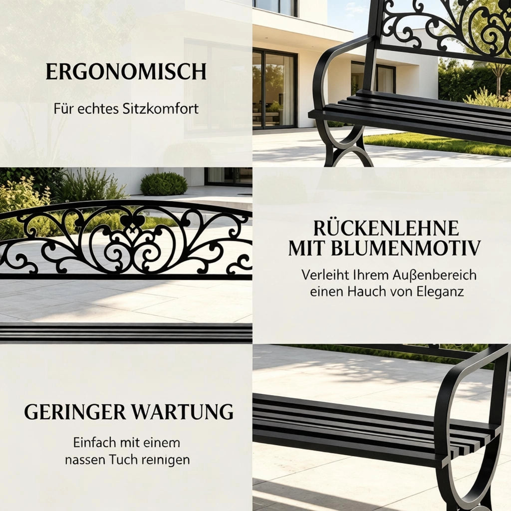PANCHINA da giardino outdoor 127x60x85 cm nera in acciaio e ghisa