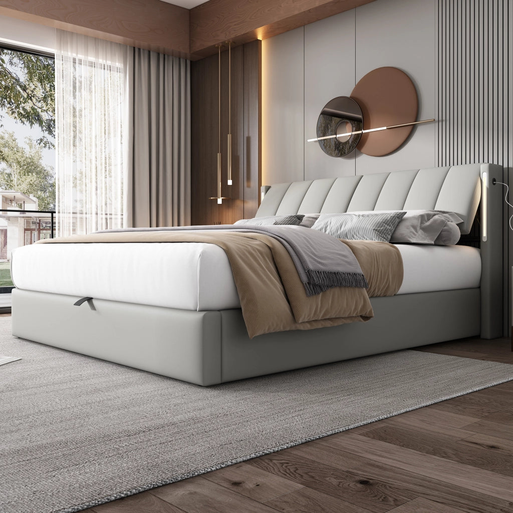Letto imbottito idraulico con LED e USB 180x200 cm in similpelle grigia