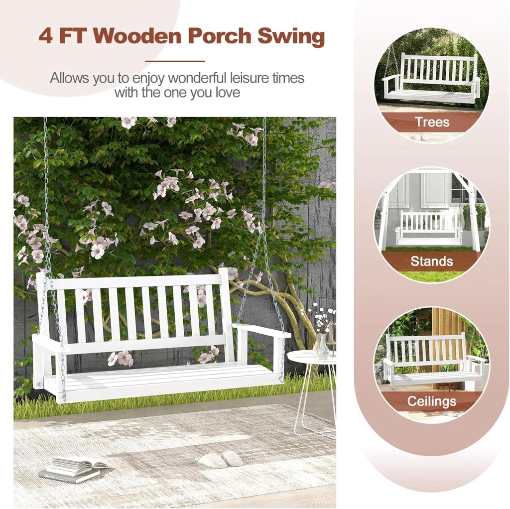 Altalena sospesa in legno per 2/3 persone con catene in metallo zincato regolabili e resistenti, con schienale a doghe e seduta per patio giardino (136 x 67 x 63 cm, bianco)