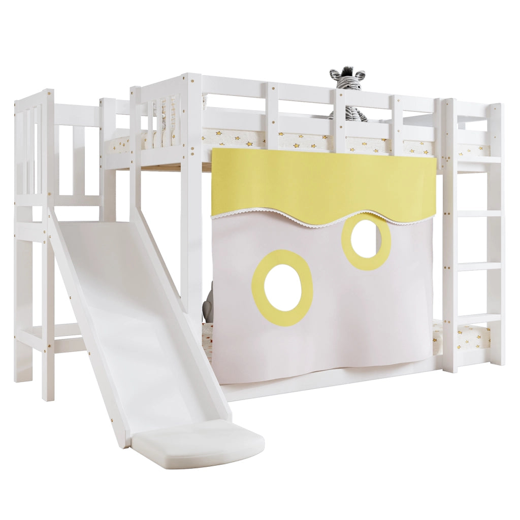 LETTO A CASTELLO 90x200 cm Bianco in MDF e Pino con scivolo e tende