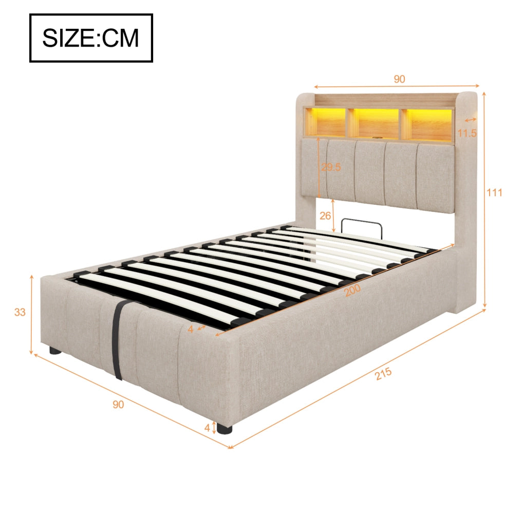 Letto imbottito 90x200 cm con LED; contenitore in lino beige