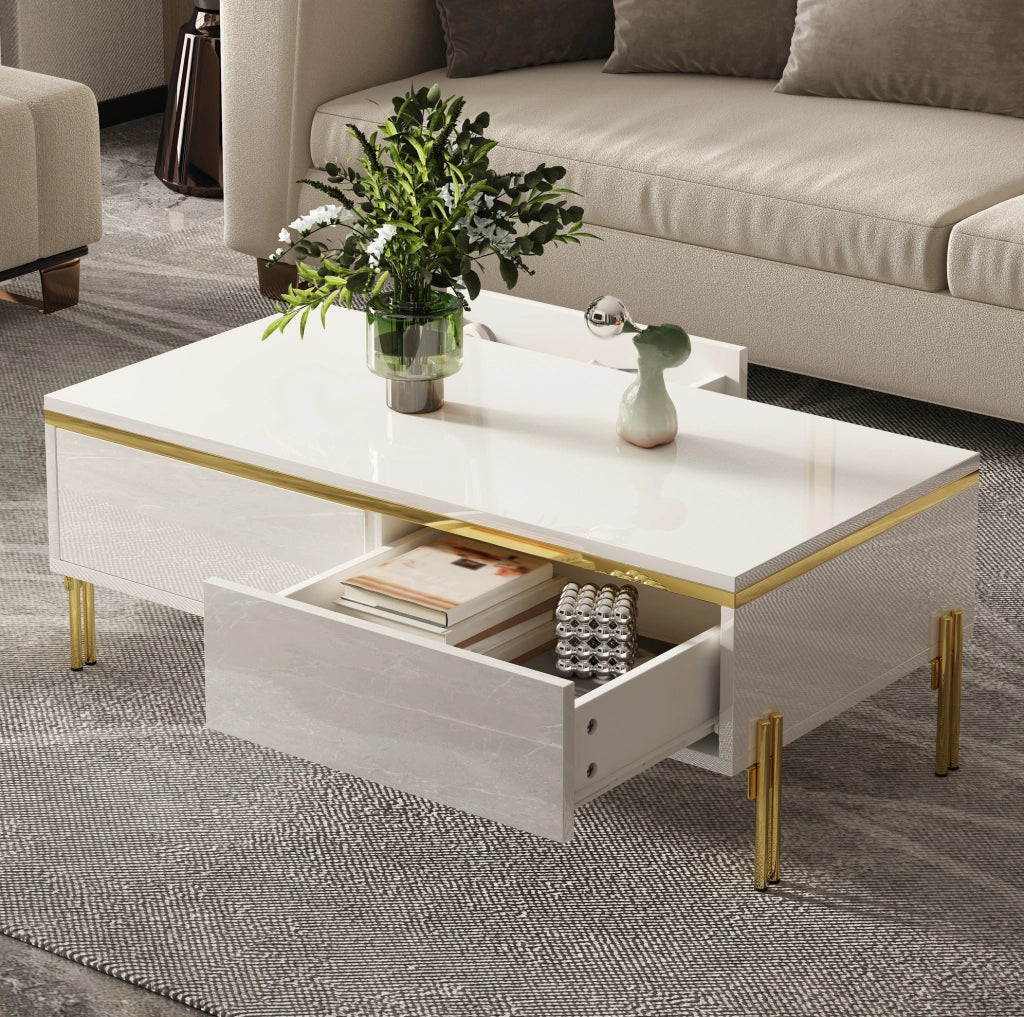 Tavolino da salotto 100x50x36 cm con cassetti su entrambi i lati; pannello truciolare bianco
