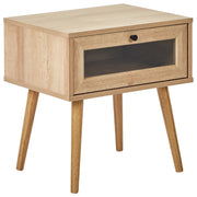 Comodino in legno chiaro con gambe in legno di pino 1 cassetto con ante in vetro Stile minimalista