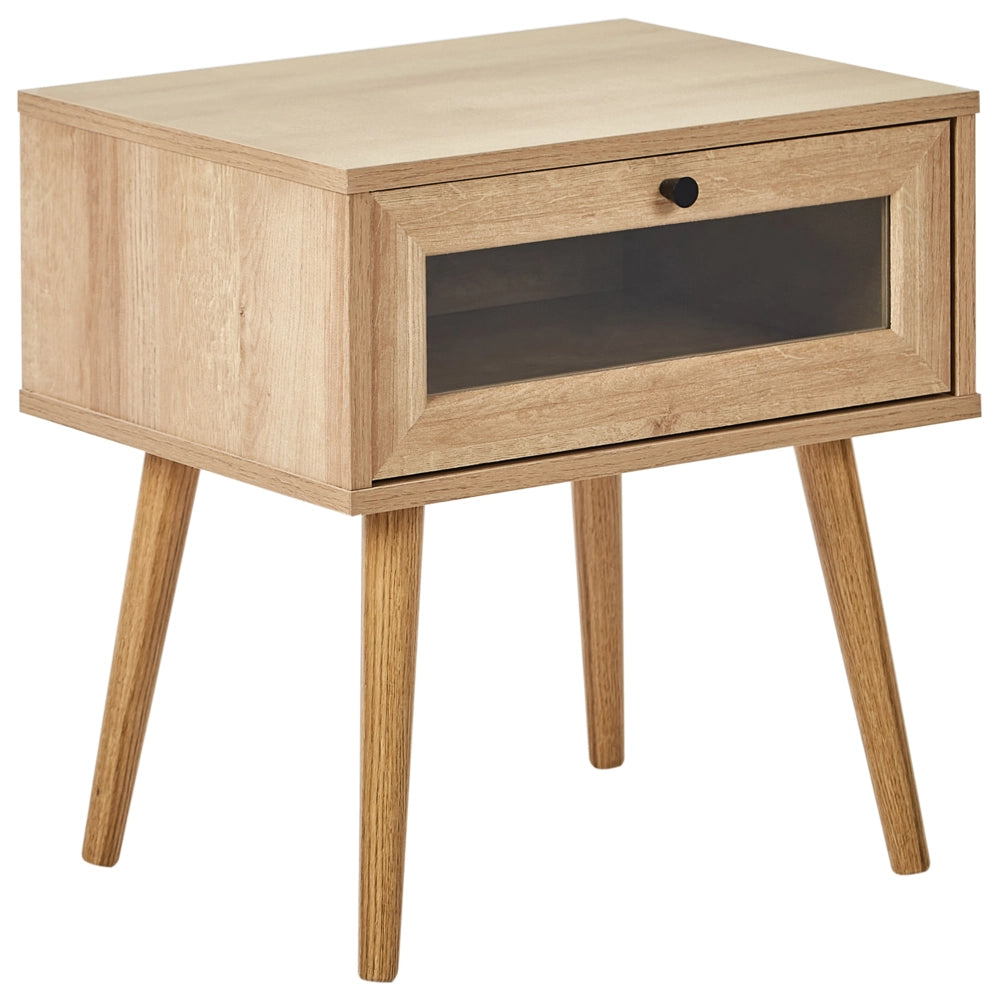 Comodino in legno chiaro con gambe in legno di pino 1 cassetto con ante in vetro Stile minimalista