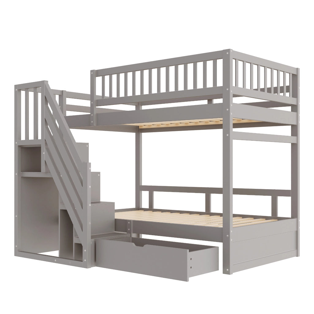 LETTO A CASTELLO 90x200 cm In Legno Grigio con Scala Contenitore e Cassetti