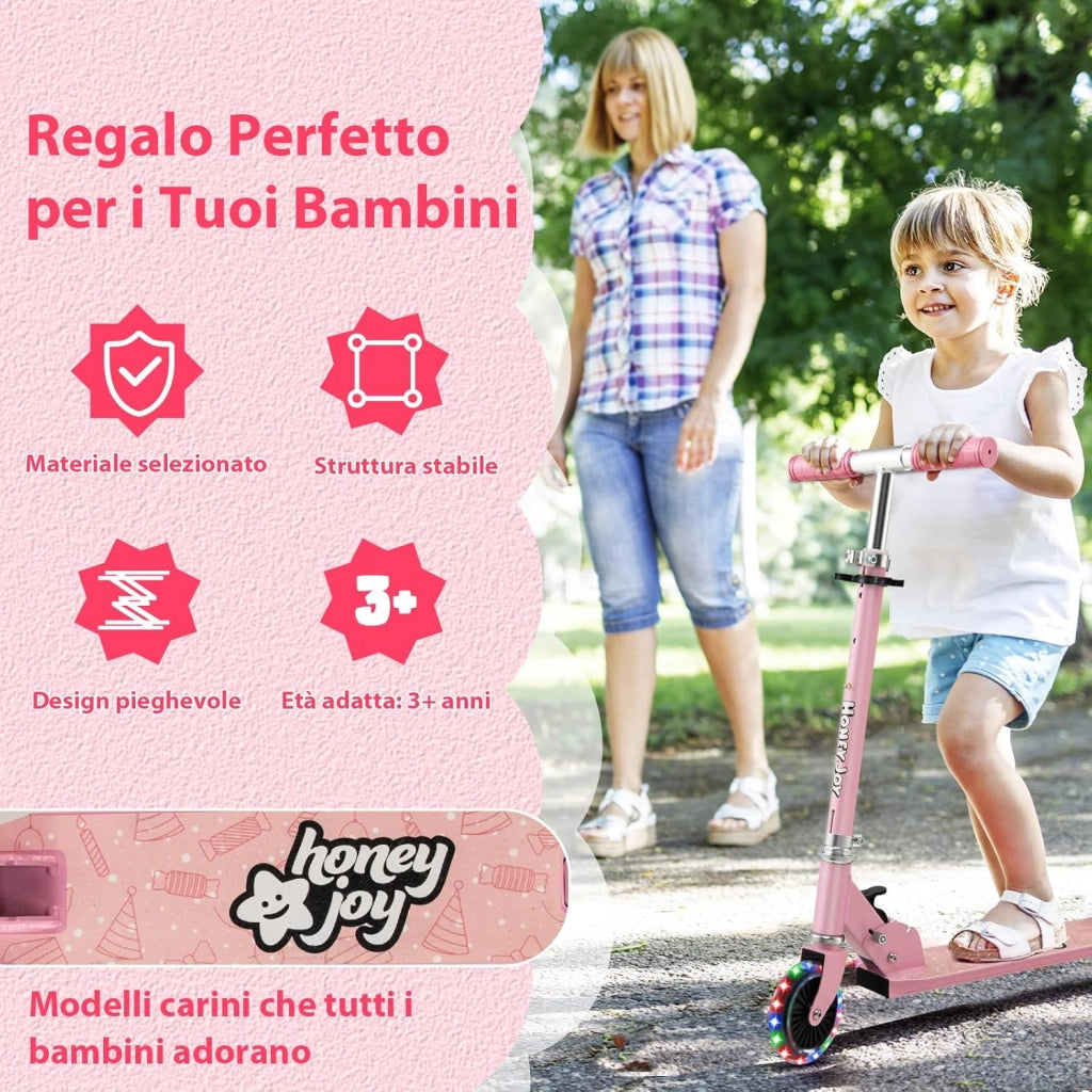Monopattino Bambini, Monopattino Bambino e Bambina +3 Anni Pieghevole con 2 Ruote Lampeggianti, Manubrio Regolabile e Freno (Rosa)