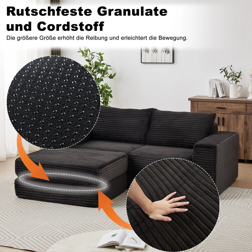 Divano letto modulare con pouf rimovibile, braccioli quadrati e configurazione flessibile in velluto a coste nero