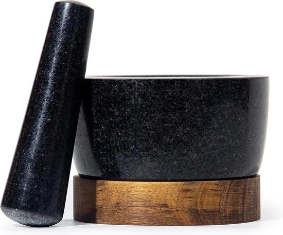 Set di Mortaio e Pestello Naturale per Specie - Granito - Nessuna Influenza sulla Fragranza delle Spezie - 12cm con Stampatore - Per la Macinazione di Spezie, Cipolle, Bocconi di Caffè e Altre Spezie - Nero