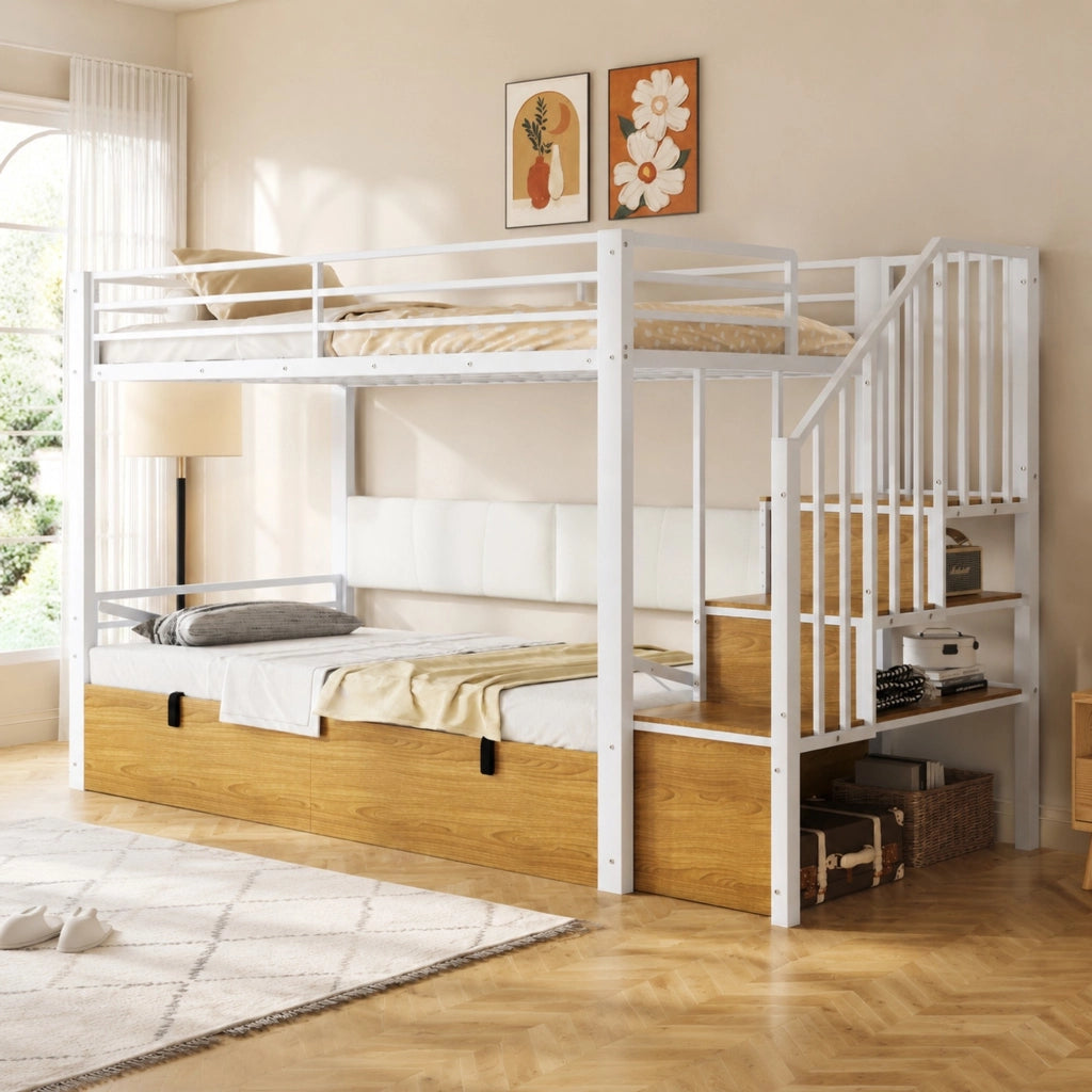 Letto a soppalco multifunzione 90x200 cm bianco in metallo; MDF e compensato; con scala contenitore