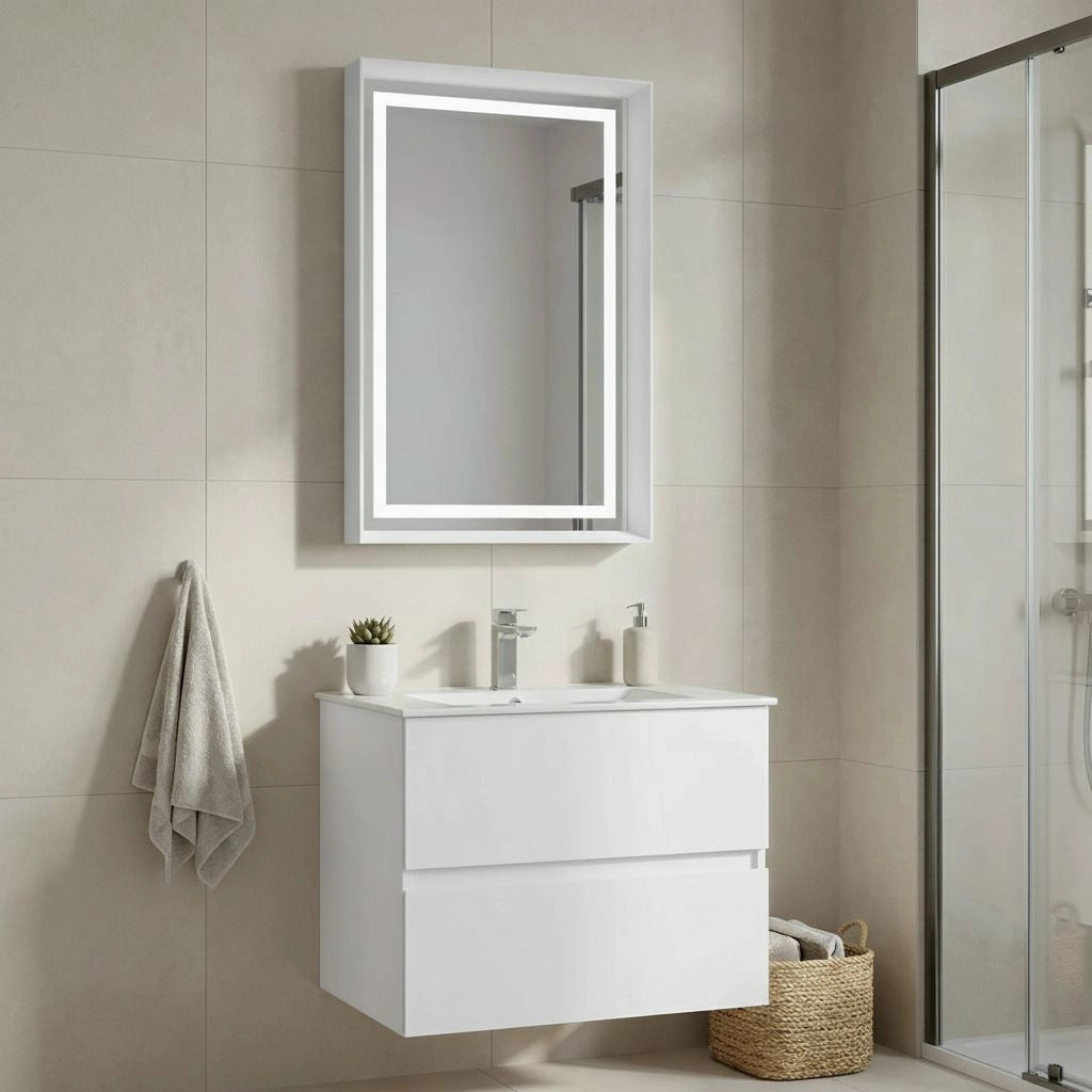 Set mobile lavabo con specchio (2 pezzi) "Nest 71 v2" - 71 x 51 x 55 cm - Bianco opaco