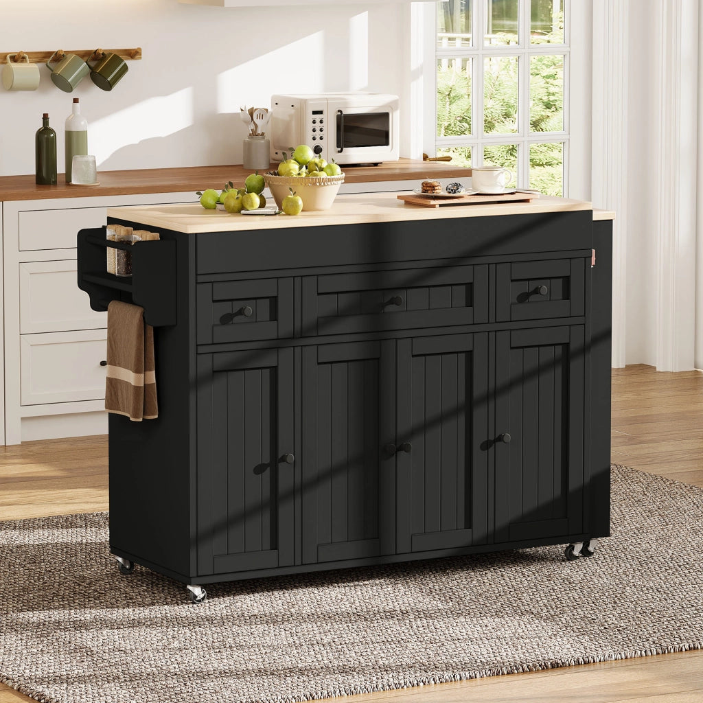 Mobile cucina con 3 cassetti; piano estraibile e ripiani regolabili per cucina in MDF nero naturale 137-190.6 × 45.2 × 92 cm