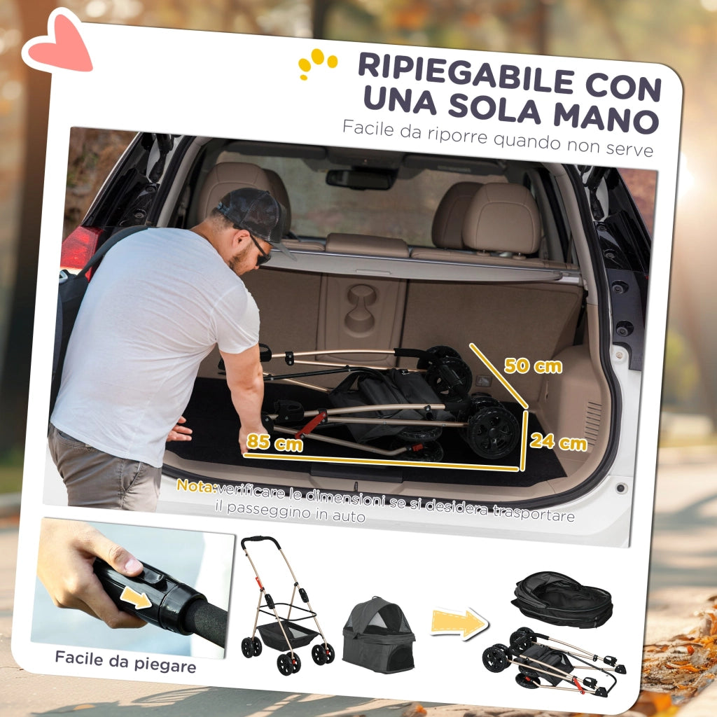 Passeggino per Cani 3 in 1 Pieghevole con Cestino Inferiore Grigio