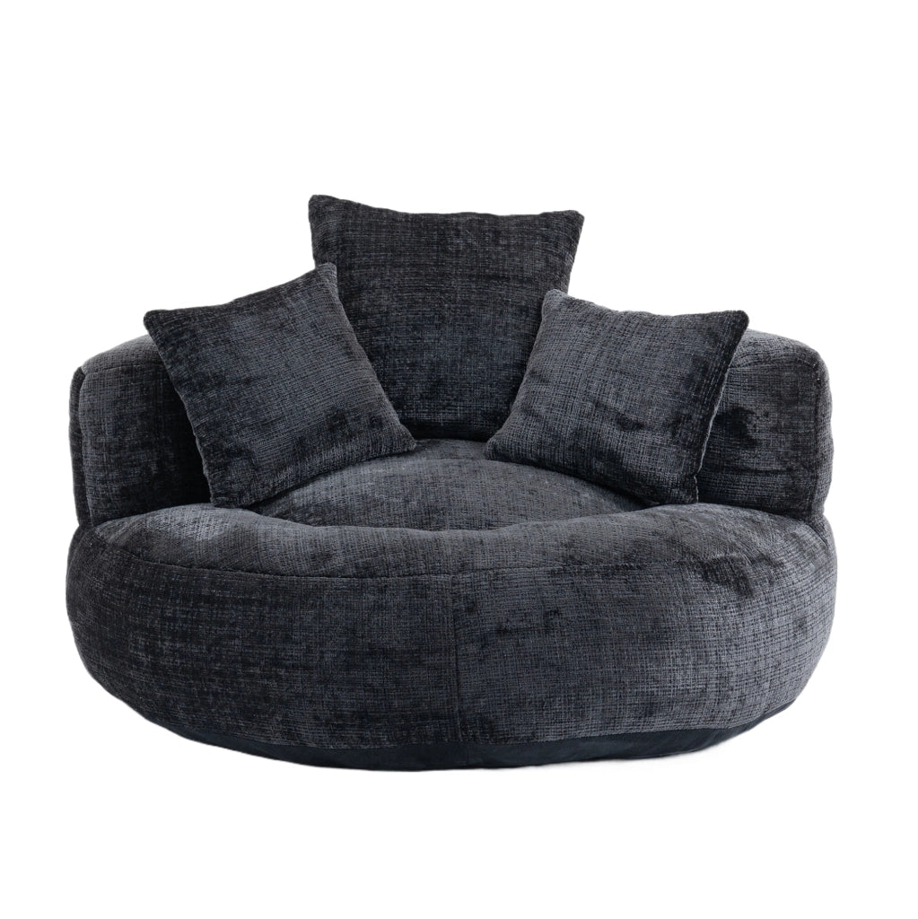Poltrona sacco 108x108x52 cm con schienale avvolgente e braccioli in chenille nero