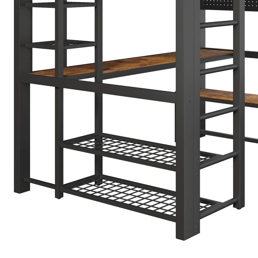 LETTO a soppalco 140x200 cm in metallo nero con scrivania e ripiani