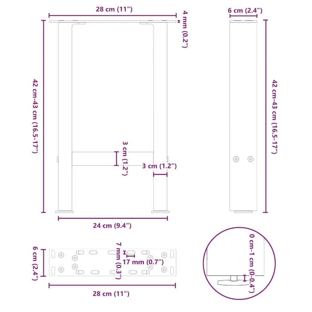 Set di 2 gambe quadrate regolabili per tavolino da caffè 28 x 43 cm in acciaio antracite 02_0057514