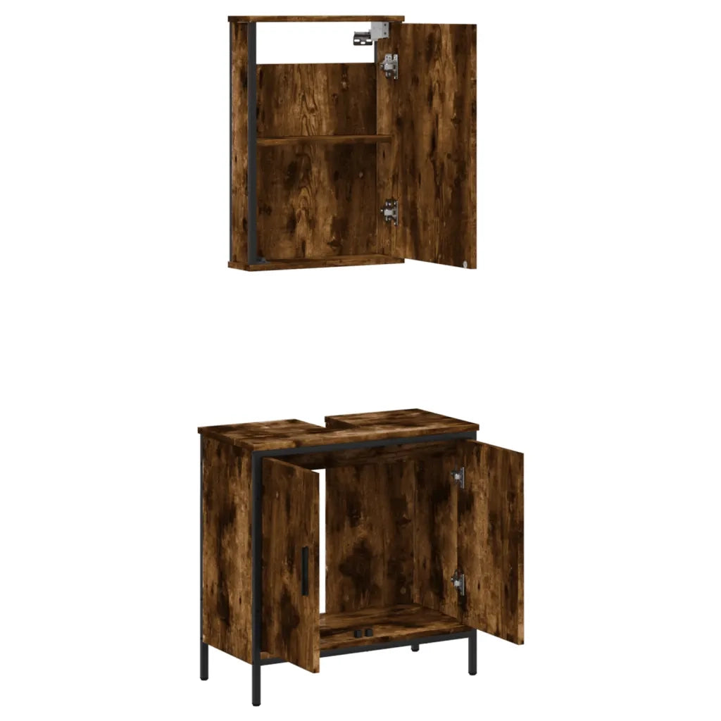 Set Mobili da Bagno | Armadio da bagno 2 pz Rovere Fumo in Legno Multistrato