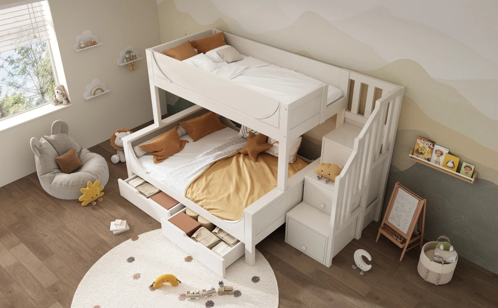 LETTO a castello con armadio scala e cassetti 90x200/140x200 cm bianco