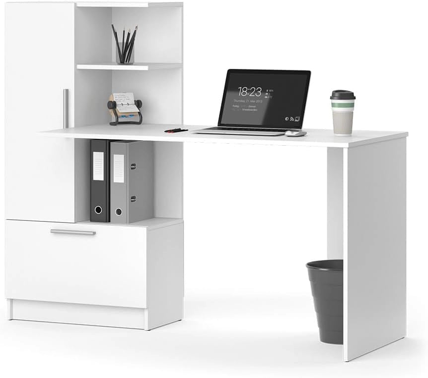 Scrivania con ripiani Tomy, Bianco, 150 x 59 cm, con ripiani aperti per una conservazione organizzata