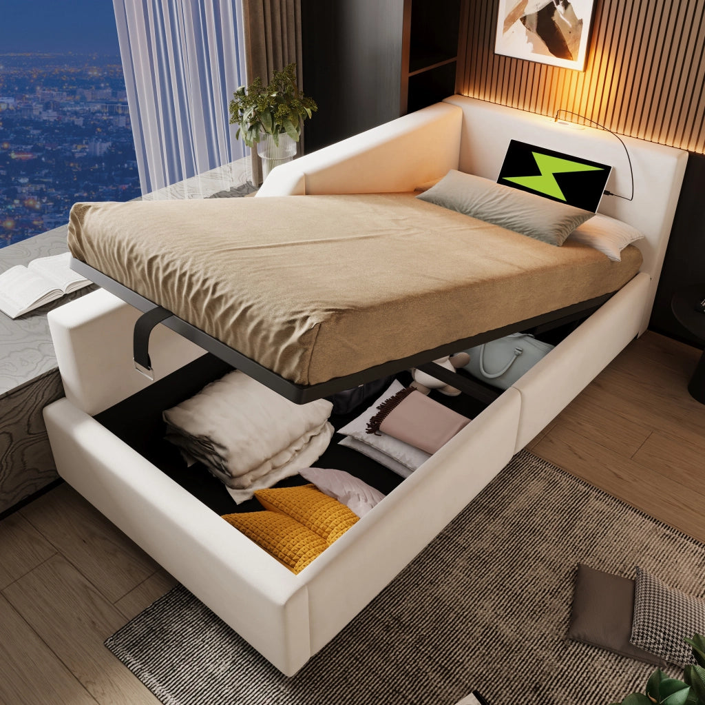 Letto singolo a divano 90x190 cm in velluto beige con vano