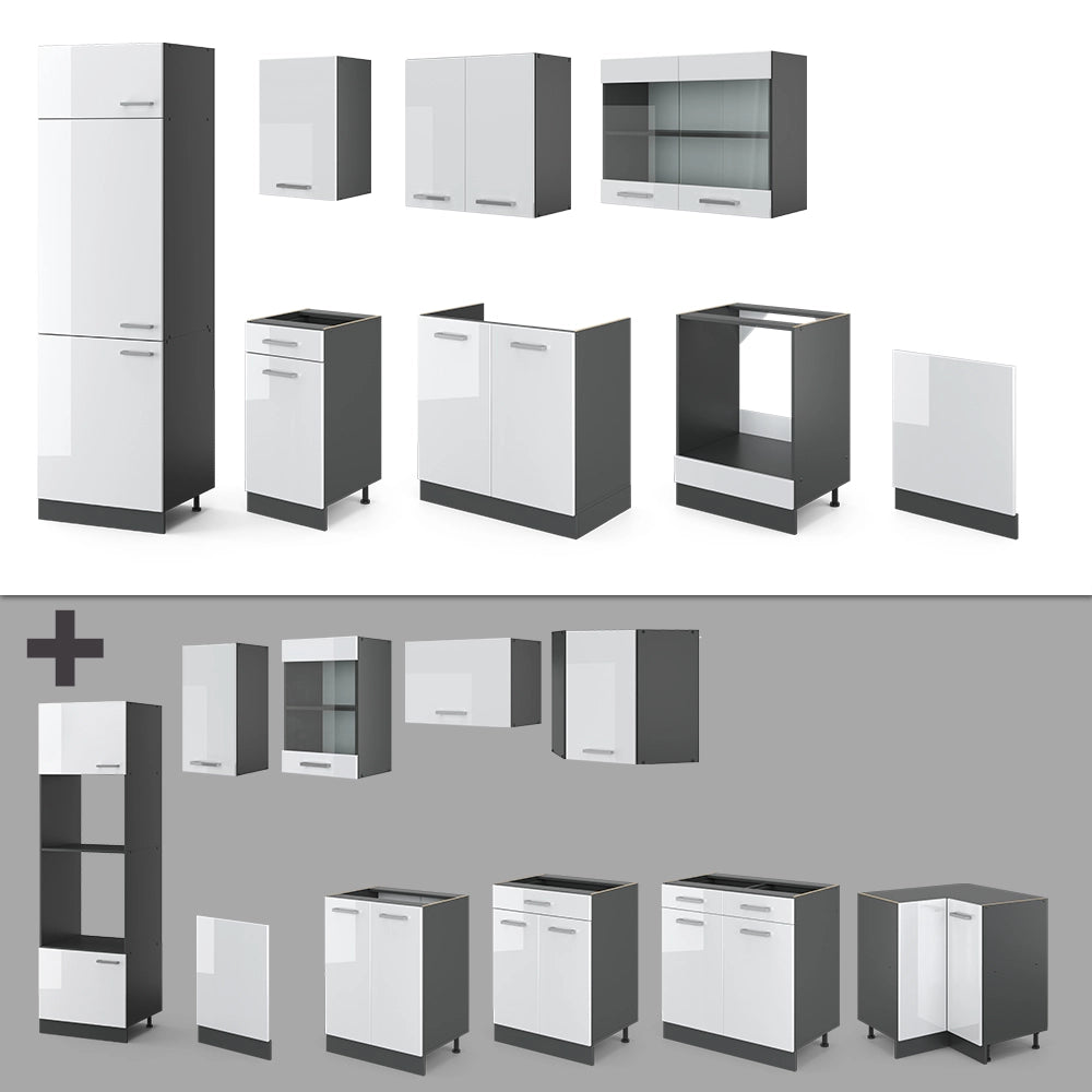 Cucina componibile R-Line Bianco lucido/Antracite 300 cm senza piano di lavoro Vicco