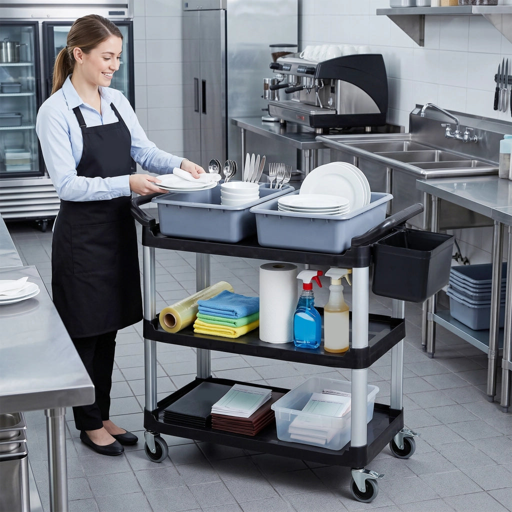 Carrello Pulizie Professionale 3 Ripiani ¨C Zephmum ¨C Nero con Contenitori e Ruote